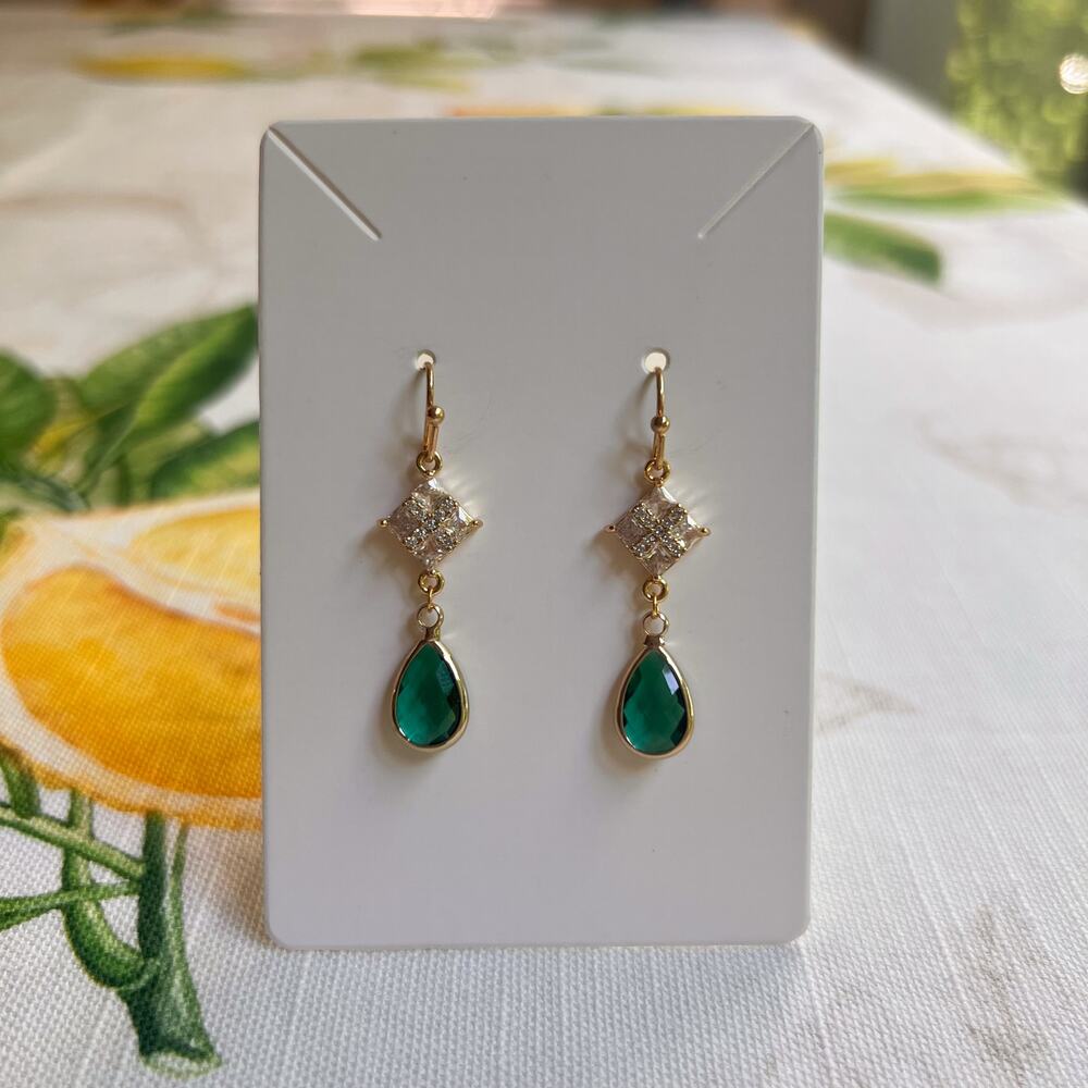 Emerald Green Crystal Glass Diamond Square Shape Romantic Art Deco Earrings